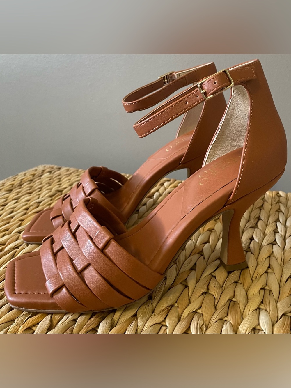 Franco Sarto Woven Ankle-Strap Heel Sandal in Cognac Brown